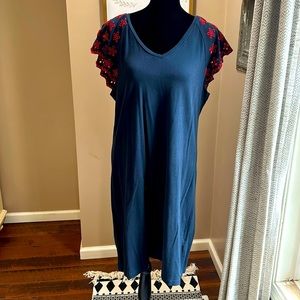 Tommy Hilfiger Navy cotton dress with red detailed sleeves, size large.